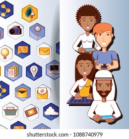 people of different ethnic groups with social media icons