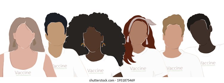 people of different ethnic groups in white T-shirts with the inscription vaccine. let's stop the pandemic together. flat modern illustration for posters or banners
