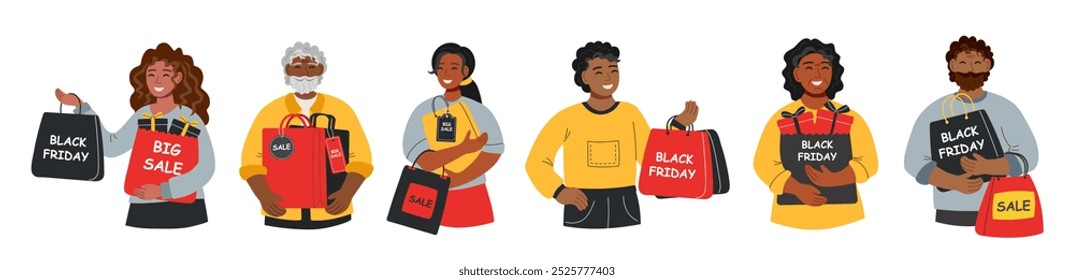 Personas de diferentes etnias con bolsas de compras. Viernes Negro venta y concepto de compras. Personajes del Black Friday ambientados por personas. 