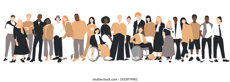 People of different ethnicities stand side by side together. Flat vector illustration.