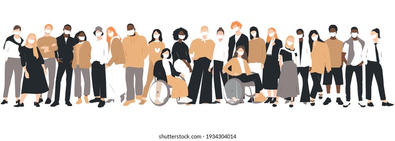People of different ethnicities stand side by side together. People in white medical face masks. Flat vector illustration.
