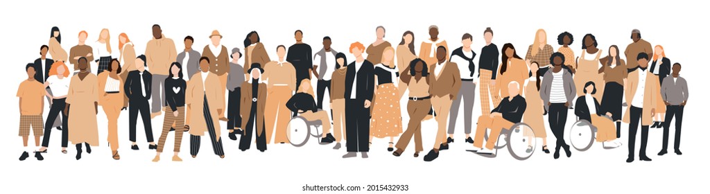 People of different ethnicities stand side by side together. Flat vector illustration.