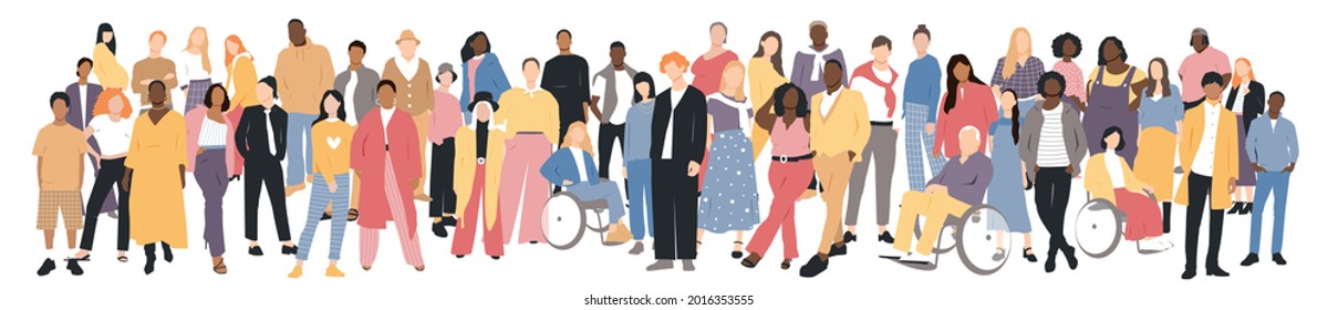 People of different ethnicities stand side by side together. Flat vector illustration.	