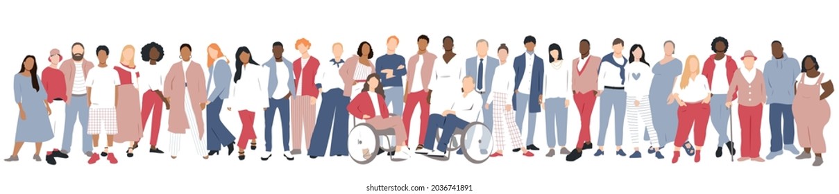 People of different ethnicities stand side by side together. Flat vector illustration.	