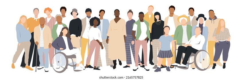 People of different ethnicities stand side by side together. Flat vector illustration.	