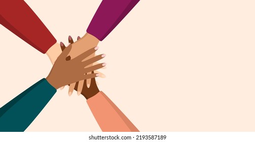 People of different ethnicity putting their hands together in unity gesture on a beige background with copy space. Concept of support, cooperation and teamwork. Flat vector illustration