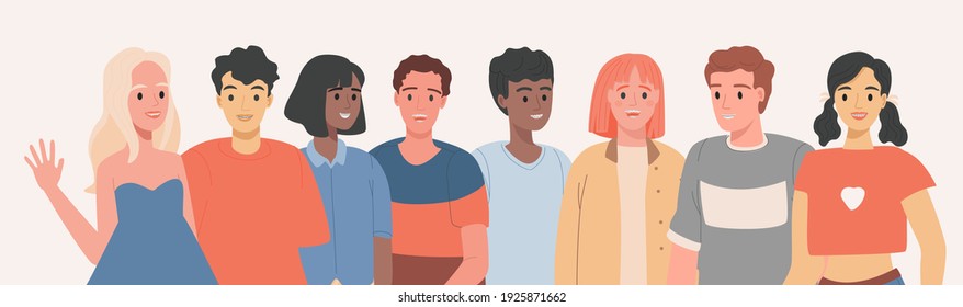 People of different ethnicity wearing braces vector flat illustration. Group of men and women smiling with dental braces on teeth. Cosmetic odontology, teeth straightening, and orthodontic procedures.