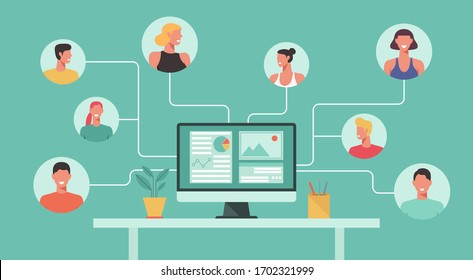 people with different and expert skills connecting and working online together on computer, remote working, work from home and work from anywhere concept, flat vector illustration