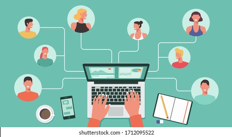 people with different and expert skills connecting and working online together on laptop computer, remote working, work from home and work from anywhere concept, flat vector illustration