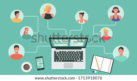 people with different and expert skills connecting and working online together on laptop computer, work from home, remote working and work from anywhere concept, flat vector illustration