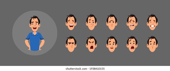 People with different facial emotion set. Young man cartoon character with different type of facial expressions for your design, motion and animation