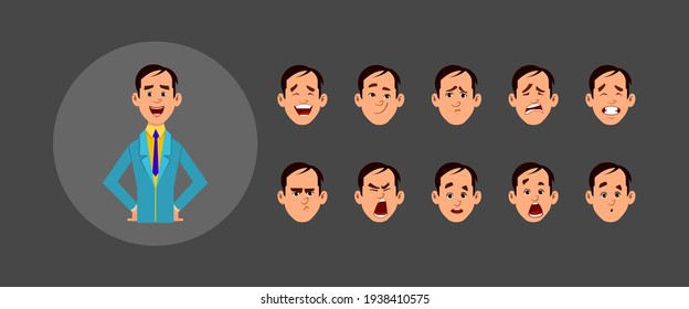 People with different facial expression set. Young man cartoon character with different type of facial expressions for your design, motion and animation