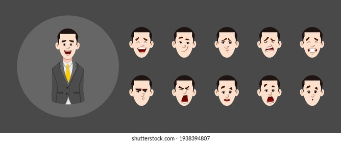 People with different facial expressions set. Young man cartoon character with different type of facial expressions for your design, motion and animation
