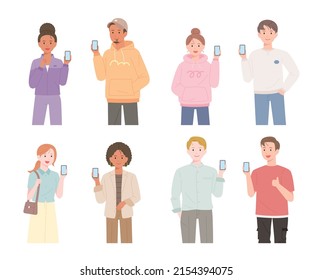 People of different fashions and styles are standing and talking with mobile phones. flat design style vector illustration.