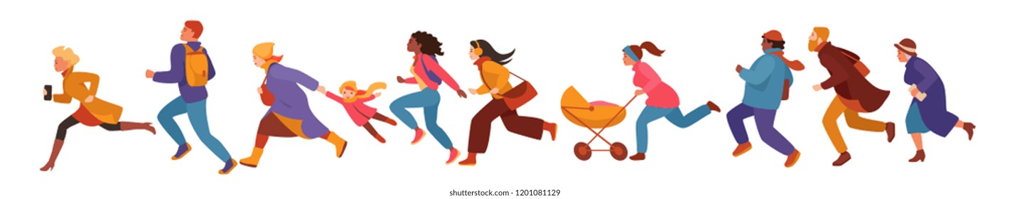 people of different gender and age and nations run set. Autumn winter sale. flat vector illustration.