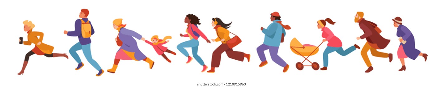 people of different gender and age and nations run set. Autumn winter sale. flat vector illustration.