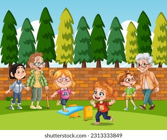 People with different gender age and race at the park doing different activities illustration