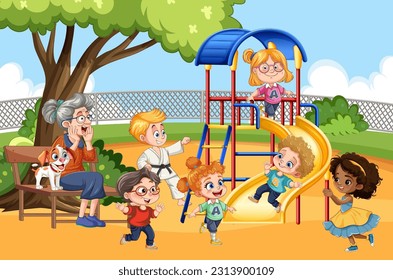 People with different gender age and race at the park doing different activities illustration