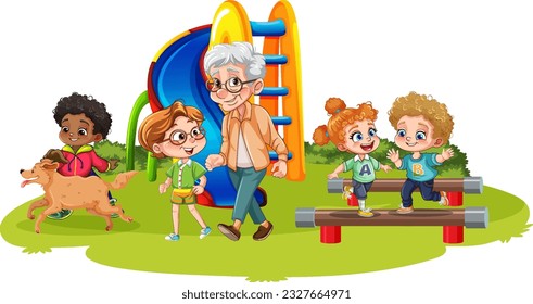 People with different gender age and race at the park doing different activities illustration