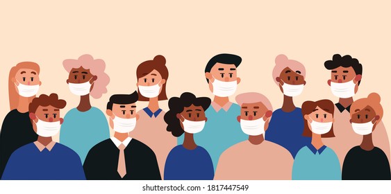 People with different gender and ethnic wearing masks and protecting their lifes from epidemic in public.