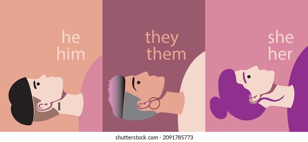 People Of Different Genders, A Community Of Non-binary People. Flat Vector Stock Illustration. The Text He His, She Hem, They Them As Gender Pronouns. Non-binary Person