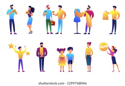 People of different generations and businessmen vector illustrations set. Lunch break, elderly people and kids, business people and shopping. Vector illustrations set isolated on white background.