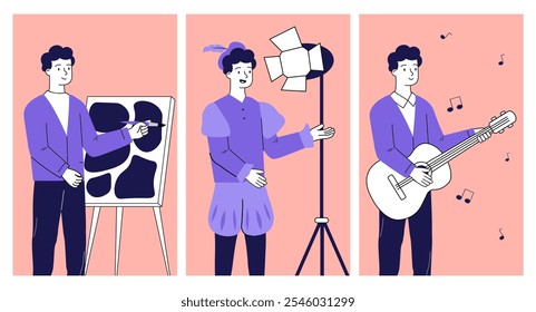 Personas con diferentes aficiones. Artista, actor de teatro y músico con guitarra. Pintura y música. Creatividad y arte. Hobby y ocio. Colección de Vector lineal aislada sobre fondo blanco