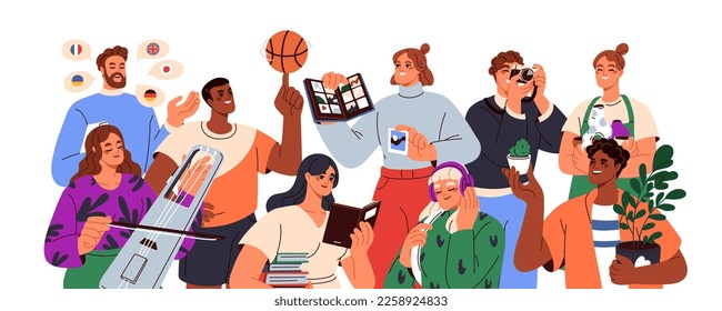 People  different hobbies  Talented characters interested in art  craft  sport  music  creative leisure  entertainment  group portrait  Flat graphic vector illustrations isolated white background