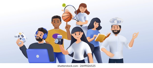 People, different hobbies. Talented characters interested in gaming, sport, reading, photography, creative leisure, entertainment, group portrait. 3D render graphic vector illustrations isolated