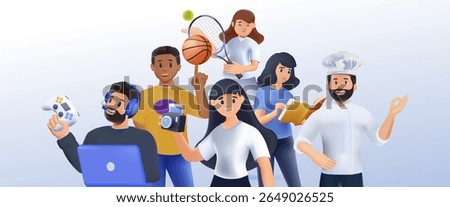 People, different hobbies. Talented characters interested in gaming, sport, reading, photography, creative leisure, entertainment, group portrait. 3D render graphic vector illustrations isolated