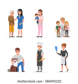 People of different home care and assistance services. Vector illustration.