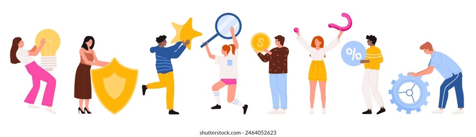 People with different icons and online services signs set. Male and female characters hold light bulb and star, shield and magnifying glass, gear and percent symbol cartoon vector illustration