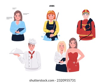 People at different jobs set. Firefighter, teacher, cook and model. Labor and work. Workers and emplolyees of various professions. Cartoon flat vector collection isolated on white background