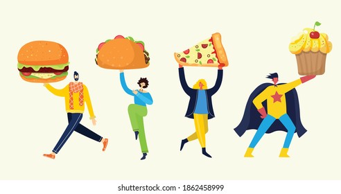 People with different meals - pizza, cupcake, hamburger and taco Flat style vector illustration isolated on white background.