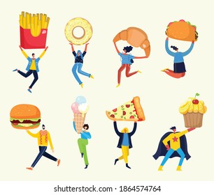 People with different meals - pizza, cupcake, hamburger and taco Flat style vector illustration isolated on white background.