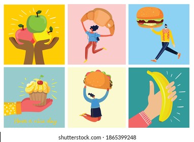 People with different meals - pizza, cupcake, hamburger and taco Flat style vector illustration isolated on white background.