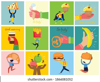 People with different meals - pizza, cupcake, hamburger and taco Flat style vector illustration isolated on white background.