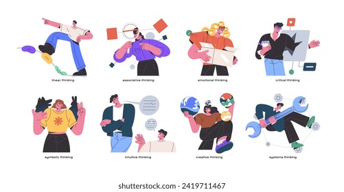 People with different mental mindset set. Thinking types: creative, linear, emotional, critical, intuitive. MBTI, psychological model of thoughts. Flat isolated vector illustration on white background