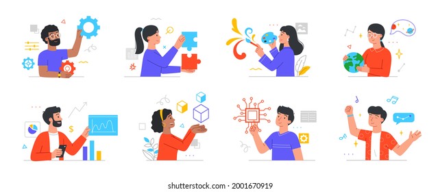 People with different mental mindset types and models. Creative, imaginative, logical, structural thinking. Mind and behavior concept. Set of minimal style flat vector illustrations isolated on white