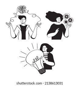 Personas con diferentes tipos de mentalidad mental o modelos que resuelven tareas laborales. Conjunto de ilustraciones en blanco y negro en concepto de vector plano de idea de negocio, formación, desarrollo, flujo de trabajo, pensamiento lógico