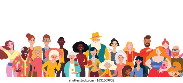 People Of Different Nationalities And Age. Multinational Society. Teamwork, Cooperation, Friendship Concept. Society Or Population, Social Diversity. Flat Vector Illustration.