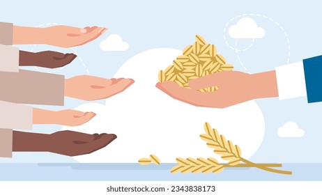 People of different nationalities beg and ask for food. A man holds a full handful of grain. Aid to poor countries. Famine. Food crisis. Poverty. Begging. Volunteering. Vector flat illustration