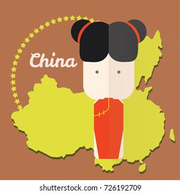 People of different nationalities from different countries on the national background in traditional clothes China,red dress.