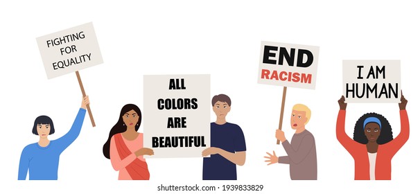 People of different nationalities and cultures holding protest poster Stop racism. Race equality. African, Asian, Chinese, European, Indian ethnicity. Fight for rights. Flat Vector illustration