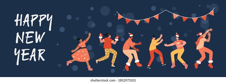 People of different nationalities dance during the Christmas holidays. The concept of a holiday, carnival, holiday. People from all over the world celebrate Christmas and New year. Vector illustration