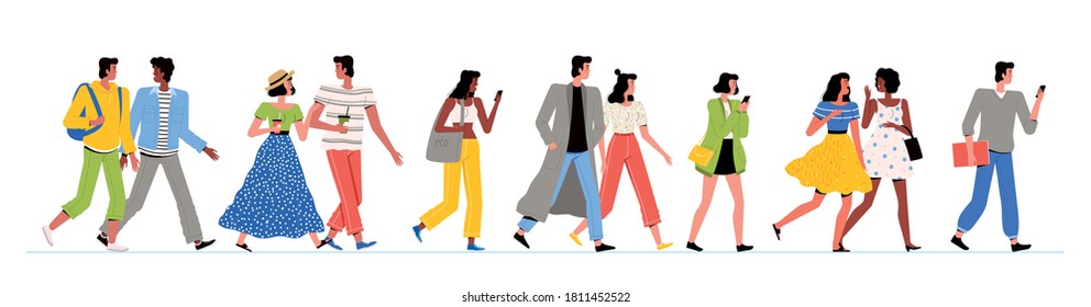 People of different nationalities in fashionable clothes are walking. Men and women walk, chat and look at their phones. Walking, friendship and communication concept