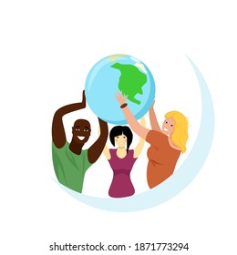 People of different nationalities hold the globe as a symbol of peace and unity. United community. Vector flat illustration