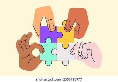 People of different nationalities hold puzzles. Partnership, Diversity, Inclusivity - vector illustration