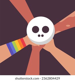 People of different nationalities hold a skull. Representing an inclusive community celebrate Halloween 2023. Flat vector illustration in cartoon style.