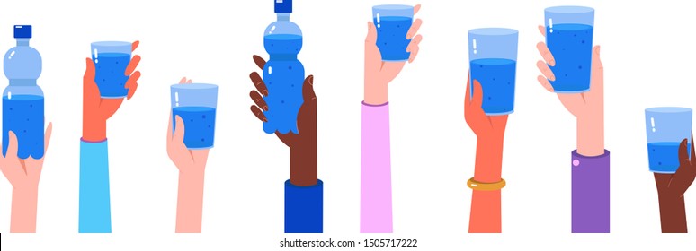 People of different nationalities holding glasses and bottles of clean water, who is thirsty? clean water for everyone, drinking water, potable water